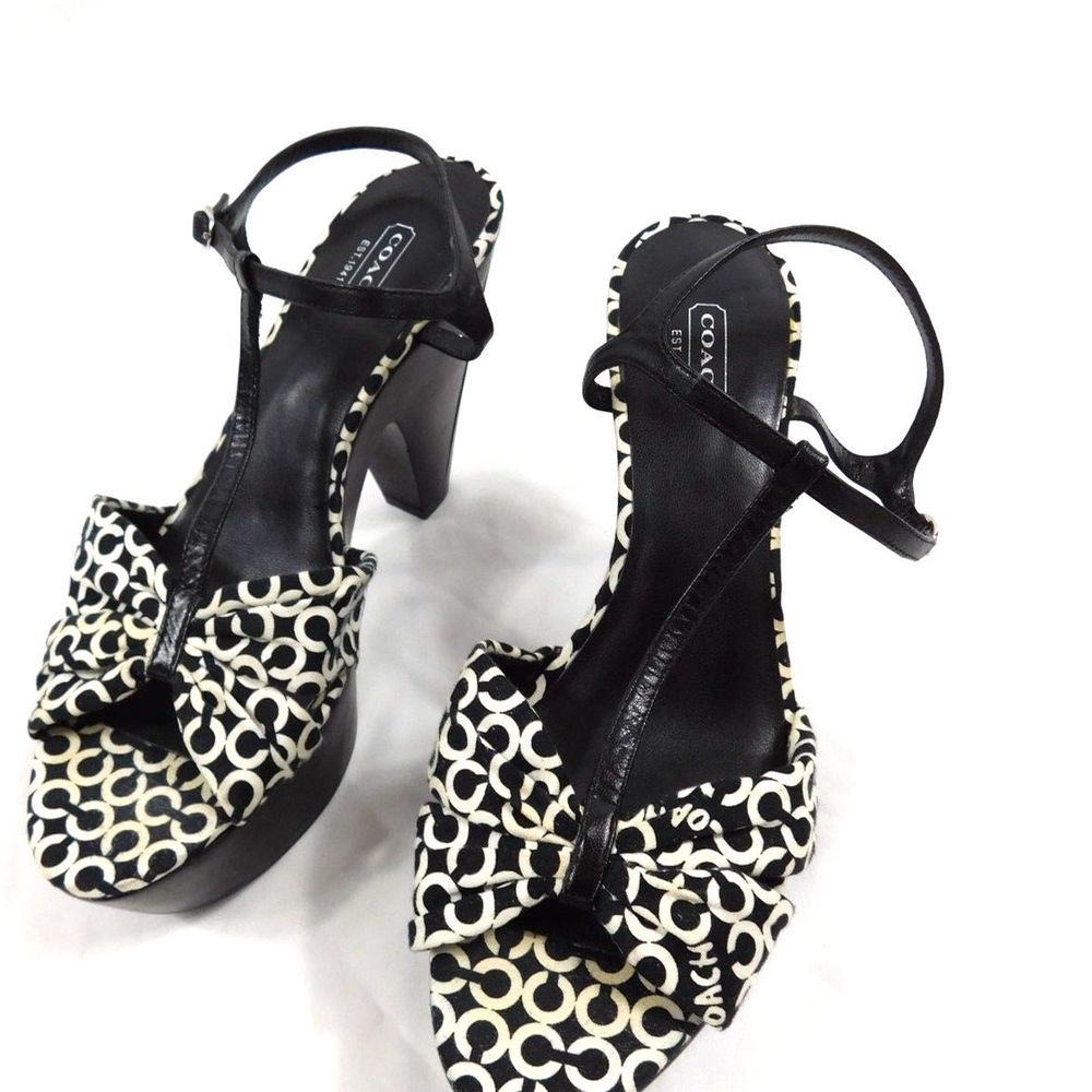 Coach Janeen Wooden Platform Heels Monogram Logo Sandals SZ 10B - Picture 5 of 10